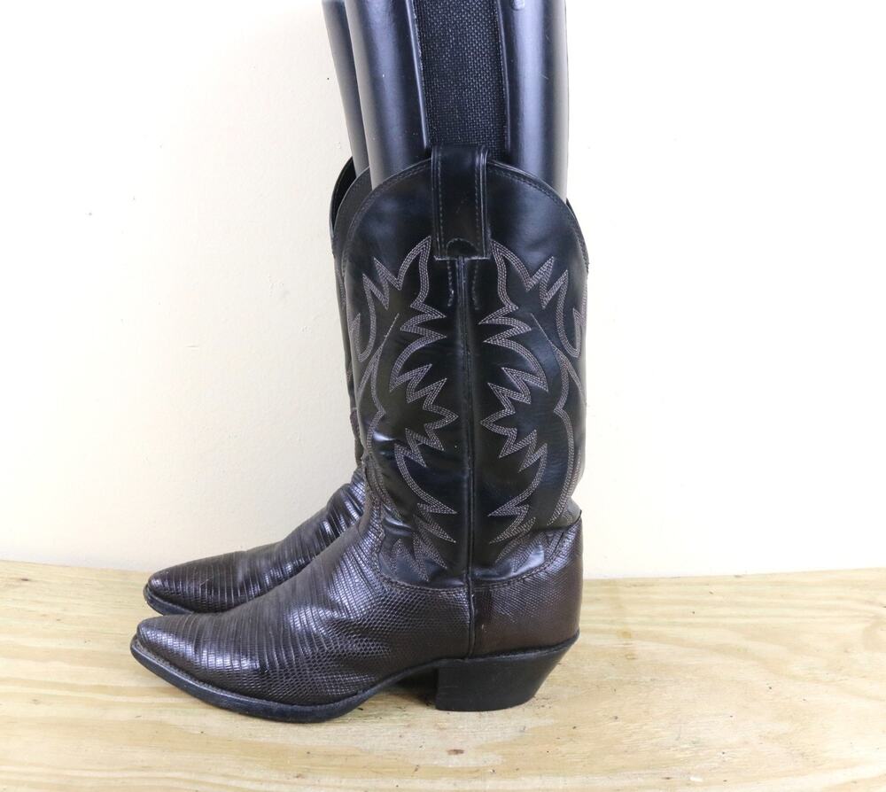 Vintage Justin Boots Mens 8.5B Black Brown Lizard Exotic Skin Western Cowboy USA